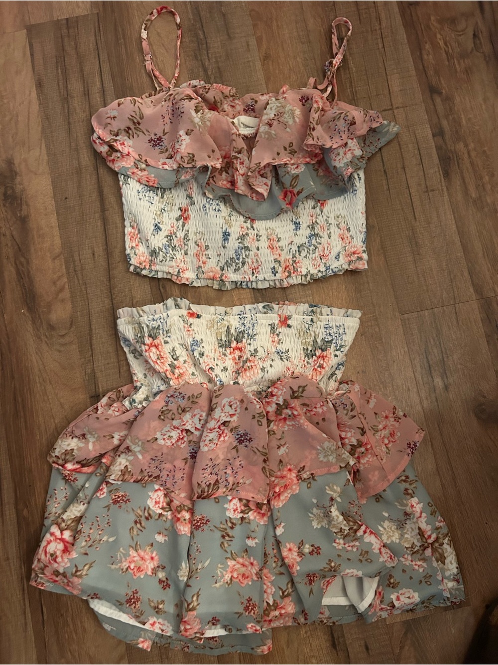 Storia Pink & Light Blue Floral Smocked Two-Piece Dress Set